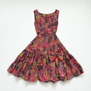 Vintage 50s Handmade Floral Fit & Flare Dress Bow Front, Size XXS